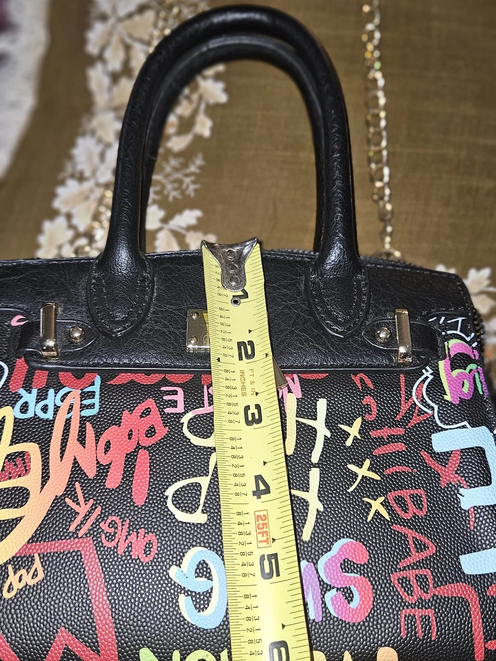 Black Graffiti-Print Satchel Handbag with Gold Lock